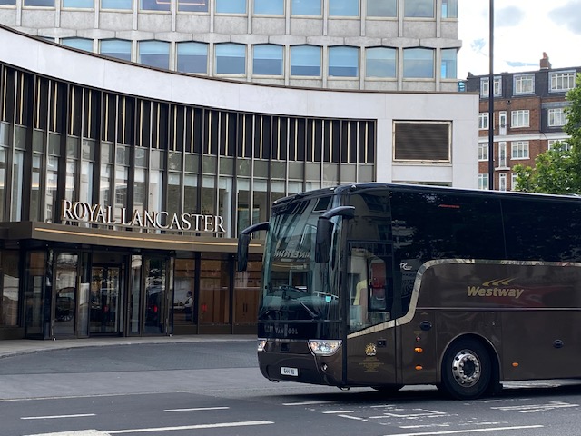 Westway coach outside the Royal Lancaster hotel in London